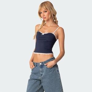 EDIKTED Alara Lace Trim Crop Camisole top S navy blue